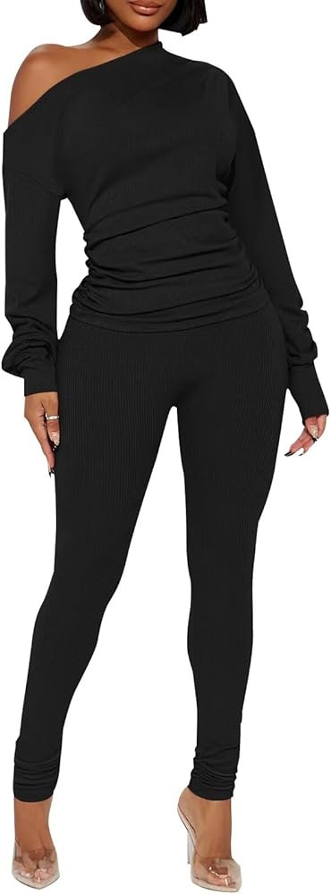Sexy 2 Piece Outfits for Women One Off Shoulder Tops Ribbed Pant Set Tracksuit Clubwear | Amazon (US)
