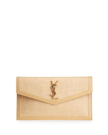 Saint Laurent Uptown Micro Raffia/Leather Envelope Flap Pouch Wallet | Neiman Marcus