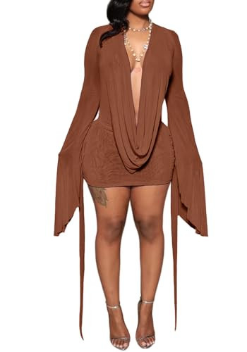 SHINFY Women's Sexy Mesh Cowl Neck Swing Backless Mini Birthday Dress Brown | Amazon (US)