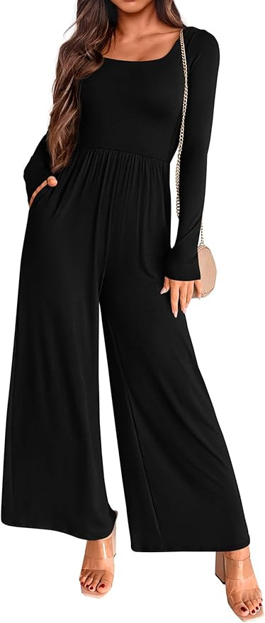 KIRUNDO Women's 2024 Fall Long Sleeve Wide Leg Jumpsuits Casual Dressy One Piece Square Neck Long... | Amazon (US)