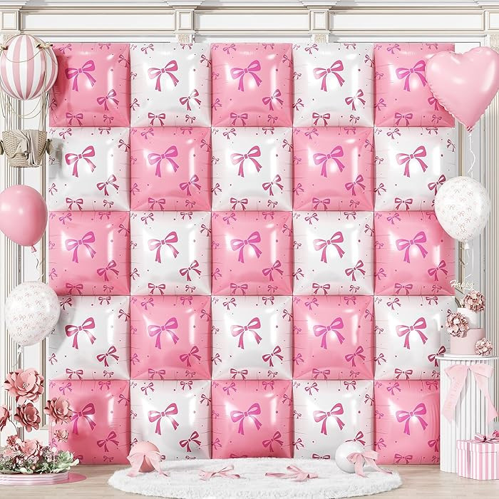 Pink and White Bow Square Foil Balloon Wall, 19 Inch 25Pcs Print Double Sided Baby Pink and Pearl... | Amazon (US)