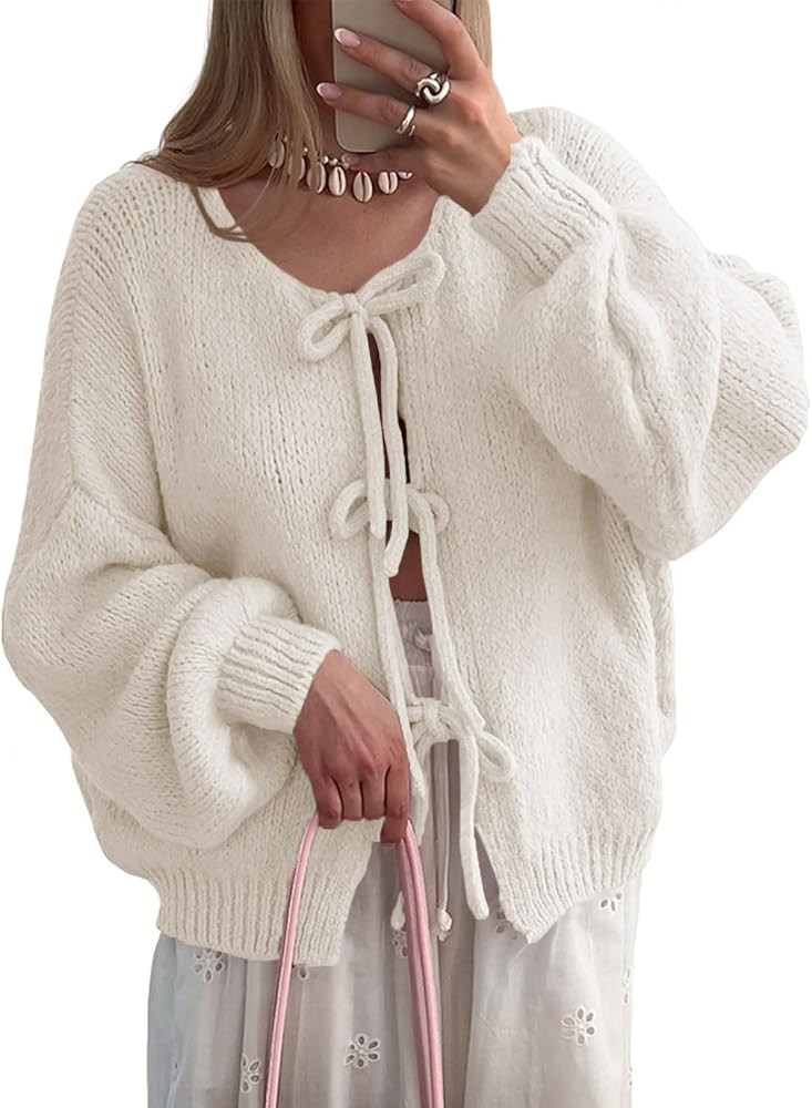 UNCLECAT Womens Bow Tie Front Cardigan Sweaters Oversized Fall Open Front Cardigans Cute Loose Kn... | Amazon (US)