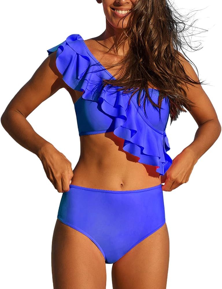 Roselychic Women Two Piece Bikini Sets Ruffle Swimsuits One Shoulder Bathing Suits for Women | Amazon (US)