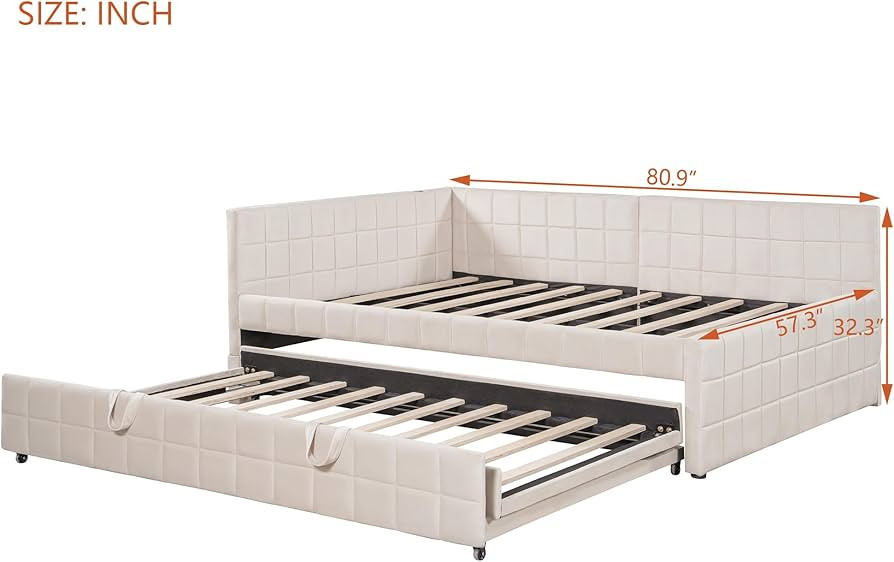 Merax Full Size L-Shaped Upholstered Daybed, Bed Frame with Pull-Out Twin Trundle & USB Ports, Sq... | Amazon (US)