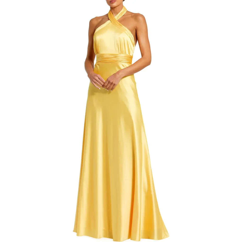 Mac Duggal Ruched Halter Neck Tie Back Satin Gown in Lemon at Nordstrom, Size 0 | Nordstrom