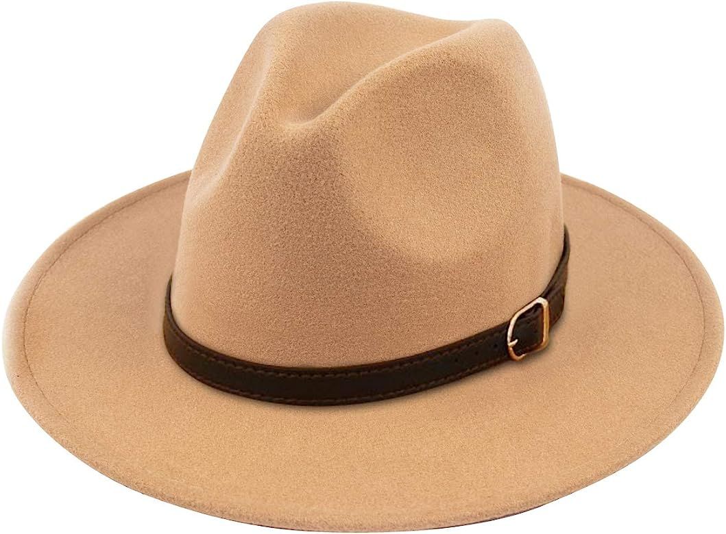 Women Lady Felt Fedora Hat Wide Brim Wool Panama Hats with Band | Amazon (US)