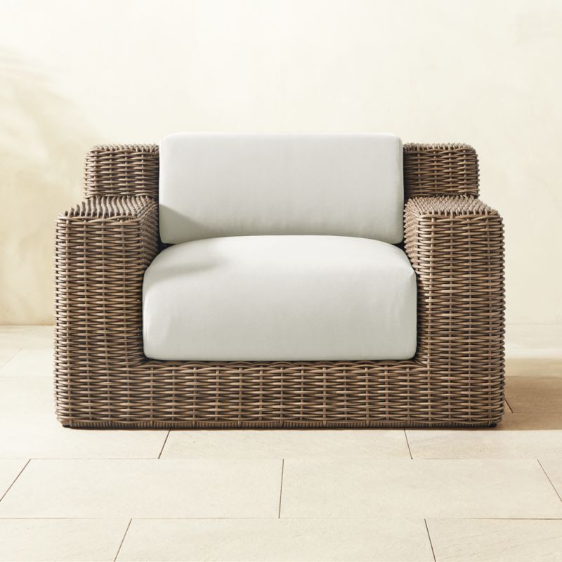 Maylin All-Weather Rattan Outdoor Lounge Chair with Warm White Sunbrella Cushions | CB2 | CB2