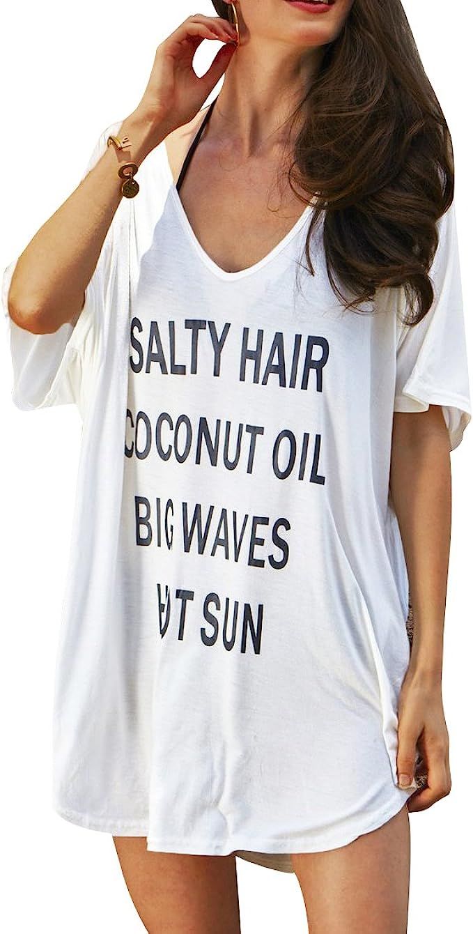 Oryer Womens Swimsuit Cover up Letters Print Baggy Swimwear Blouse Beach Dress T-Shirt | Amazon (US)
