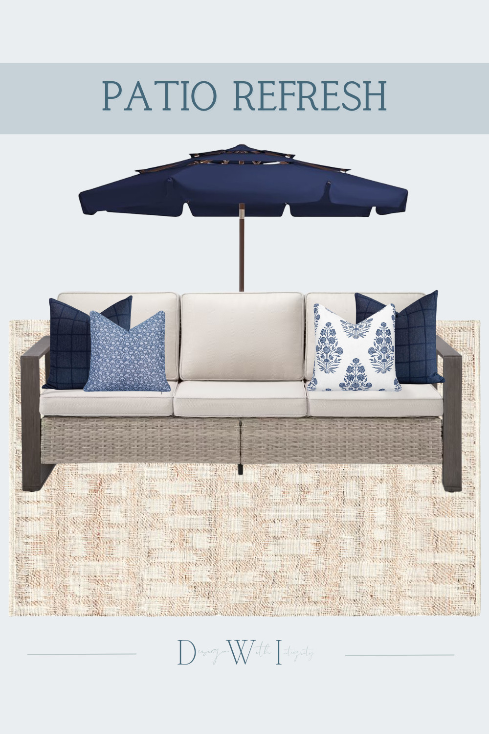 Classic navy and crisp neutrals are one of those outdoor combinations that never goes out of style. For this patio refresh, I layered deep navy pillows with two different botanical patterns to create contrast while keeping the overall palette cohesive and sophisticated.

The smaller floral print adds texture and depth, while the larger block print becomes the statement pattern. Against the neutral woven sofa and textured outdoor rug, the navy feels rich without making the space feel heavy. A coordinating navy umbrella pulls the entire look together for a polished designer finish.

Tap through to shop the outdoor pillows and patio selections and recreate this timeless look at home.

#OutdoorPillows #PatioDecor #OutdoorLiving #PatioInspiration #OutdoorDecor #NavyDecor #PatioRefresh #DesignerFinds 

 #LTKSeasonal #LTKHome