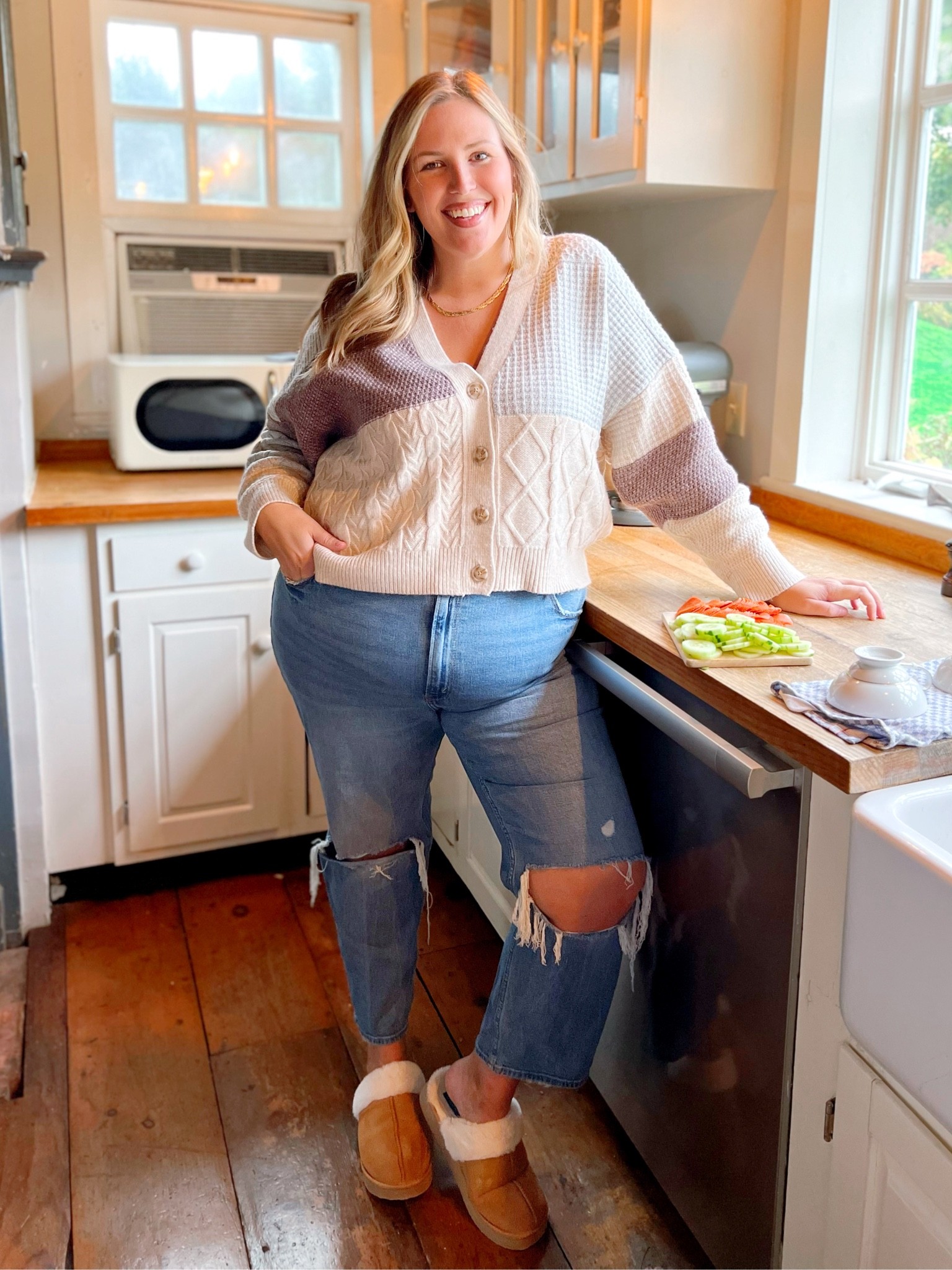 Comfy jeans, cozy cardigan worn as a top, and sturdy comfortable slippers!

Ashley Dorough is wearing a 35R in the Abercrombie jeans, a 2x in the sweater  

#LTKSeasonal #LTKcurves #LTKHoliday