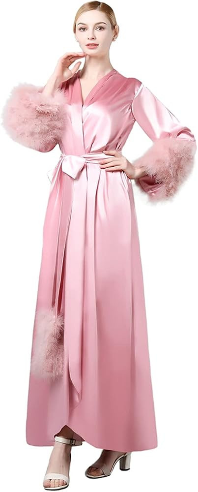 BATHGOWN Women's Robe Fur Nightgown Bathrobe Sleepwear Feather Bridal Robe with Belt | Amazon (US)