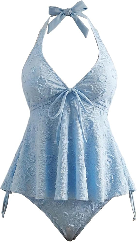 OYOANGLE Women's Tankini Swimsuits Textured Flowy Halter Bikini Set Tummy Control Modest Bathing ... | Amazon (US)