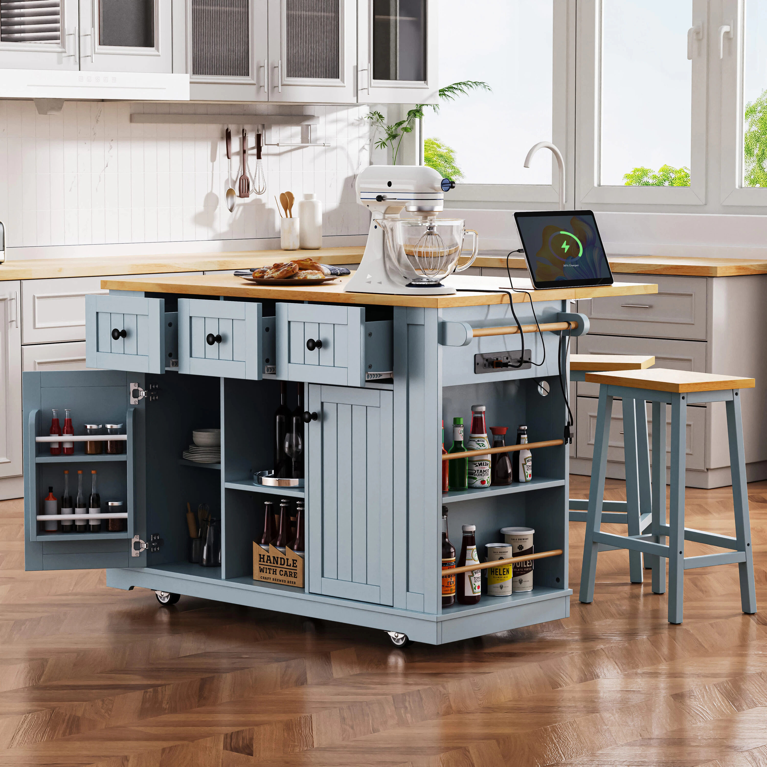 Misty Moon 53 Inch Blue Large Kitchen Island with 2 Bar Stools and Drop Leaf Kitchen Storage Cart on 5 Wheels for Kitchen Dining Room Rubber | Lowe's