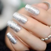 Glue On Press Nails - Medium-Long Square Silver Glitter | Etsy (US)