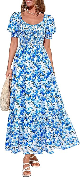 PRETTYGARDEN Women's Floral Boho Maxi Dresses Flowy Short Sleeve A Line Smocked Eyelet 2026 Summe... | Amazon (US)