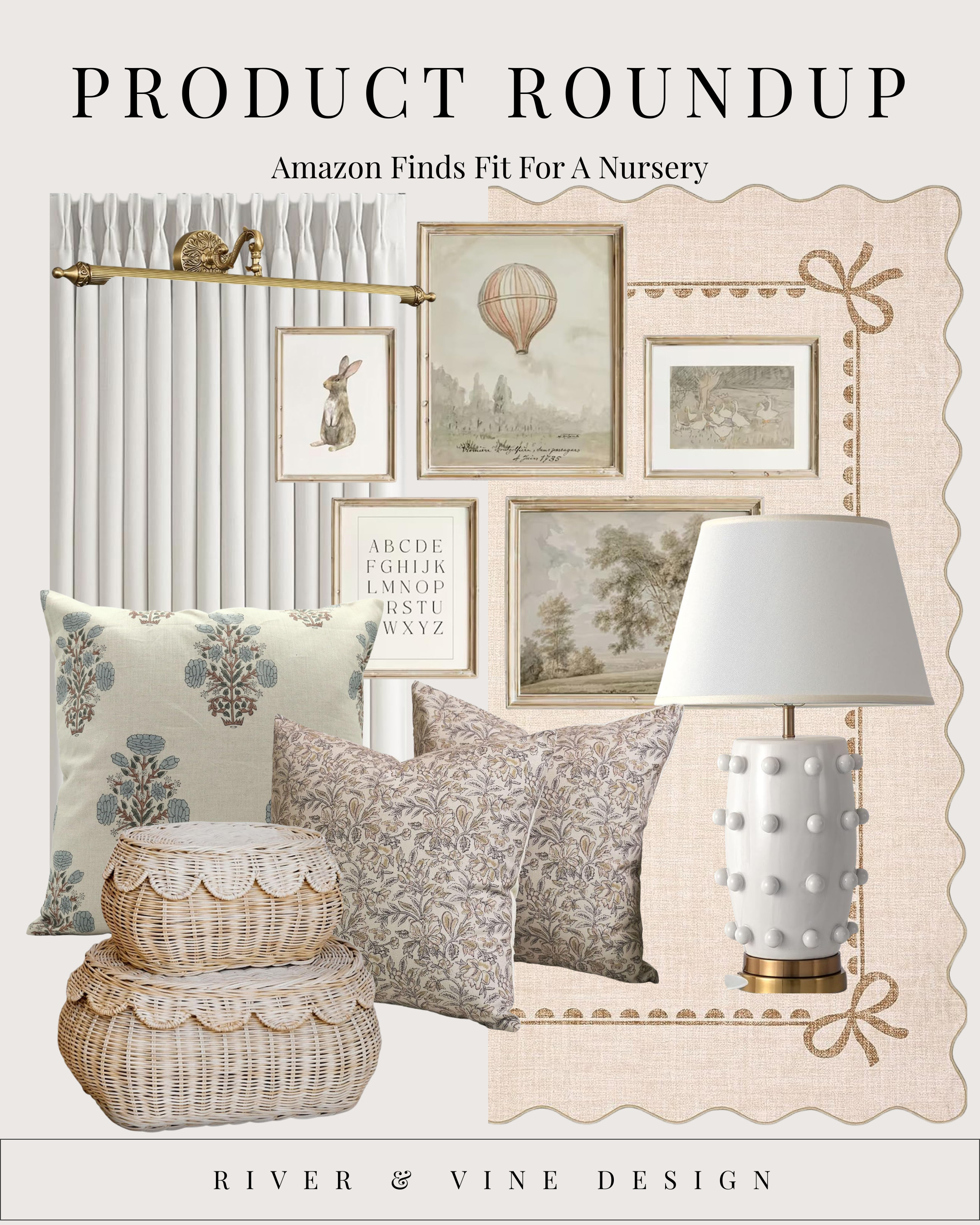 "Nurseries don’t have to be “baby themed” to feel magical. The most beautiful ones feel soft, layered, and timeless so they grow with your child instead of being replaced in a year.

This look is all about gentle pattern, warm neutrals, and heirloom-style details. Start with classic artwork like animals, landscapes, and alphabet prints to build a gallery wall that feels charming, not cartoonish. Then layer in textured pillows and wicker baskets to add warmth and storage without clutter.

The scalloped rug grounds the space and instantly elevates it, while the ceramic lamp adds just enough personality to keep things playful but refined. These are the pieces that make a nursery feel thoughtfully designed instead of rushed.

Every item here is Amazon-sourced, affordable, and easy to style. If you want a nursery that feels cozy now and still beautiful years from now, this is the formula." 

 #LTKHome