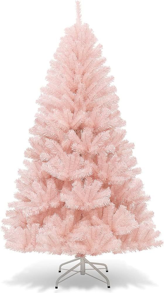 Goplus Artificial Pink Christmas Tree, 6ft Premium Unlit Hinged Spruce Full Tree, with Metal Stan... | Amazon (US)
