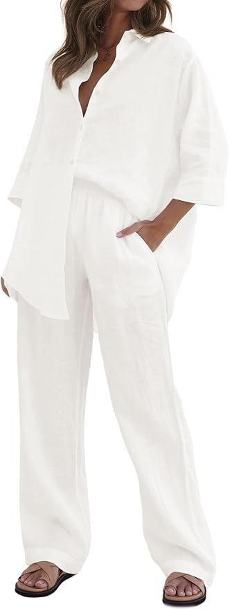 Women's 2 Piece Outfits Sets Button Down Half Sleeve Shirts and Long Pants Pajama Sets Summer Cas... | Amazon (US)