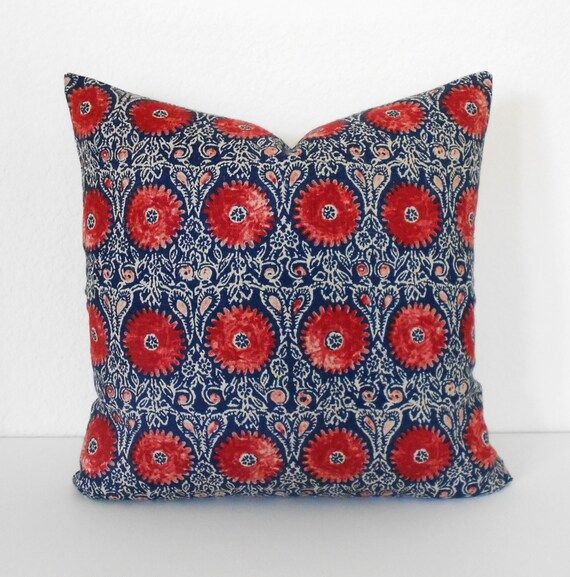 Double sided, Navy and red medallion floral decorative throw pillow cover, indigo suzani pillow cove | Etsy (US)