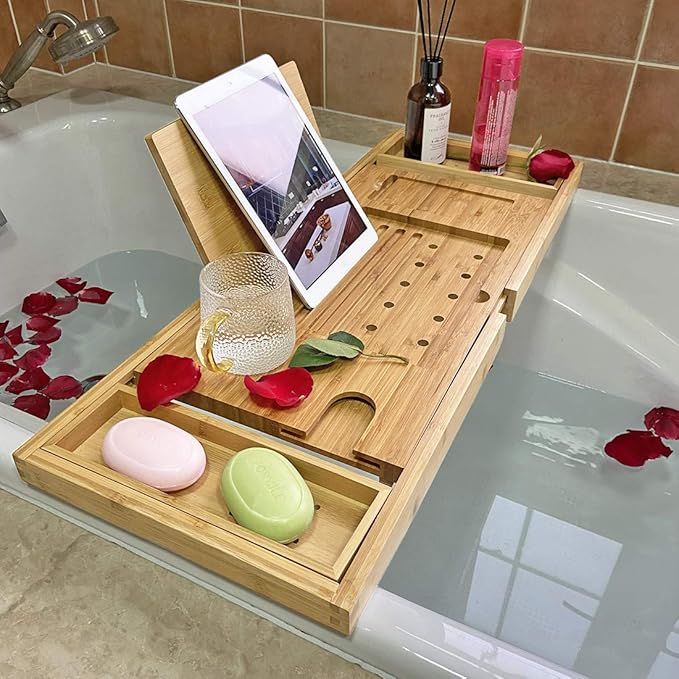 Simhoo Wide Bamboo Bath Caddy Tray Wooden Bathtub Adjustable Holder & Organizer for Glass/Soap/No... | Amazon (US)