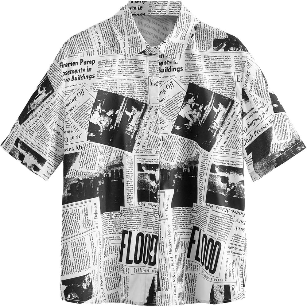 WDIRARA Women's Newspaper Print Button Front Short Sleeve Collar Blouse Shirt | Amazon (US)