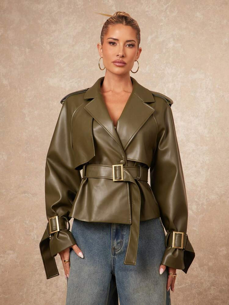 Lumalex VITNOS New Fall/Winter Women's Casual Everyday Commuter Solid Color Green Raglan Sleeve Lapel Neck Fashionable Double-Breasted Design Waist Cinched Long Sleeve Short Trench Coat, Suitable For Dates, Going Out, Night Out, Weddings, Holiday, Vacation, Birthday | SHEIN