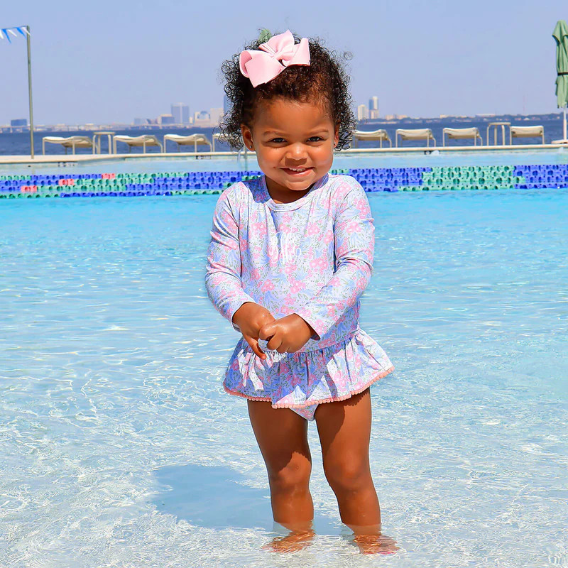 Vintage Garden Blue Rash Guard Swimsuit | Classic Whimsy