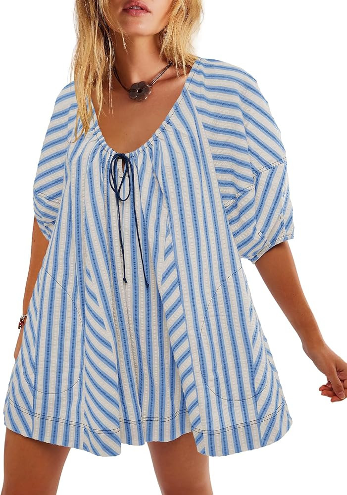 Yanekop Womens Romper Dress with Shorts Striped Romper Overall Oversized Short Jumpsuit V Neck Pu... | Amazon (US)