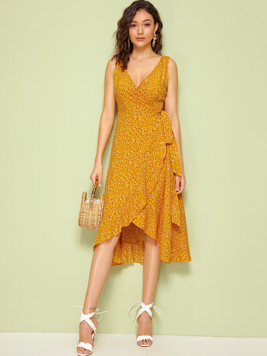 SHEIN Surplice Wrap Knotted Ditsy Floral Print Dress | SHEIN