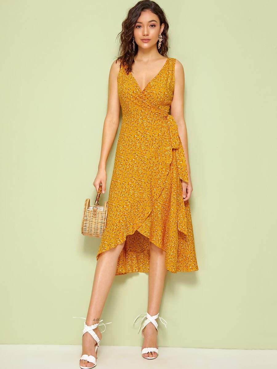 SHEIN Surplice Wrap Knotted Ditsy Floral Print Dress | SHEIN