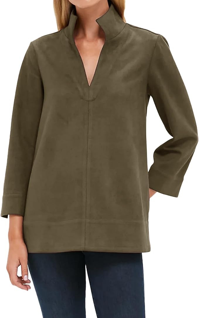 Women's Faux Suede Tunic Tops V Neck 3/4 Sleeve Stand Collar Shirts Dressy Trendy Blouses Casual ... | Amazon (US)