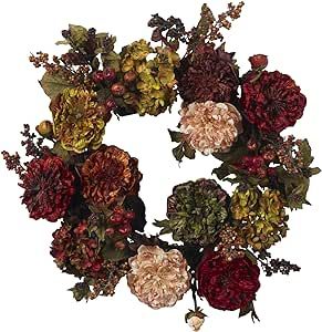 Nearly Natural 4911 Autumn Hydrangea Peony Wreath, 22-Inch, Red | Amazon (US)
