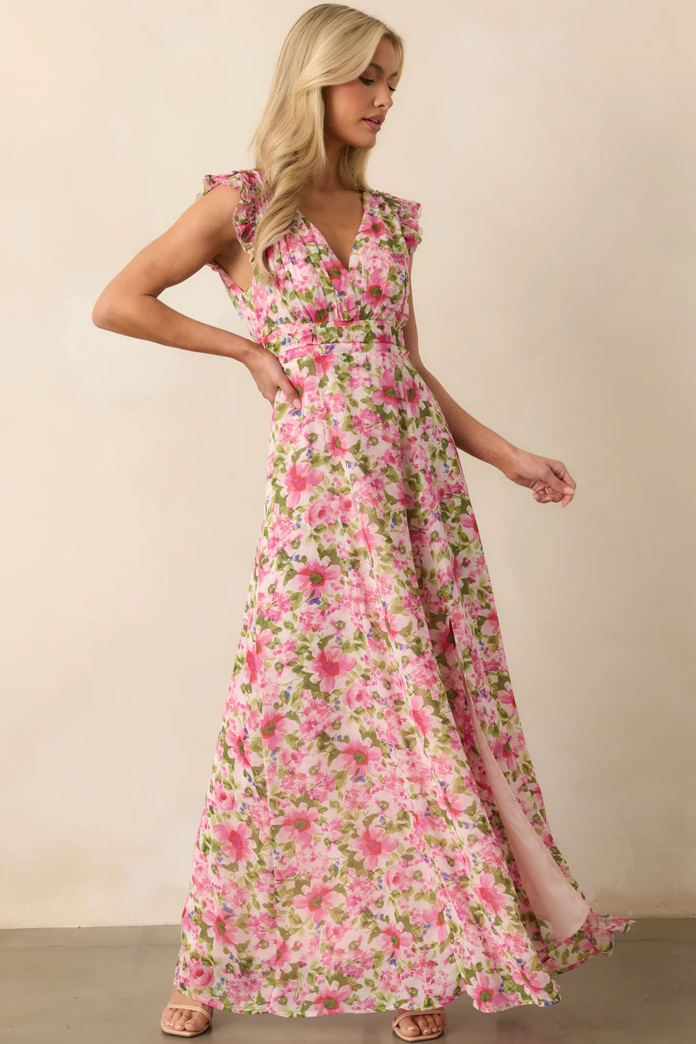 Dancing In The Sun Pink Floral Sleeveless Maxi Dress | Red Dress
