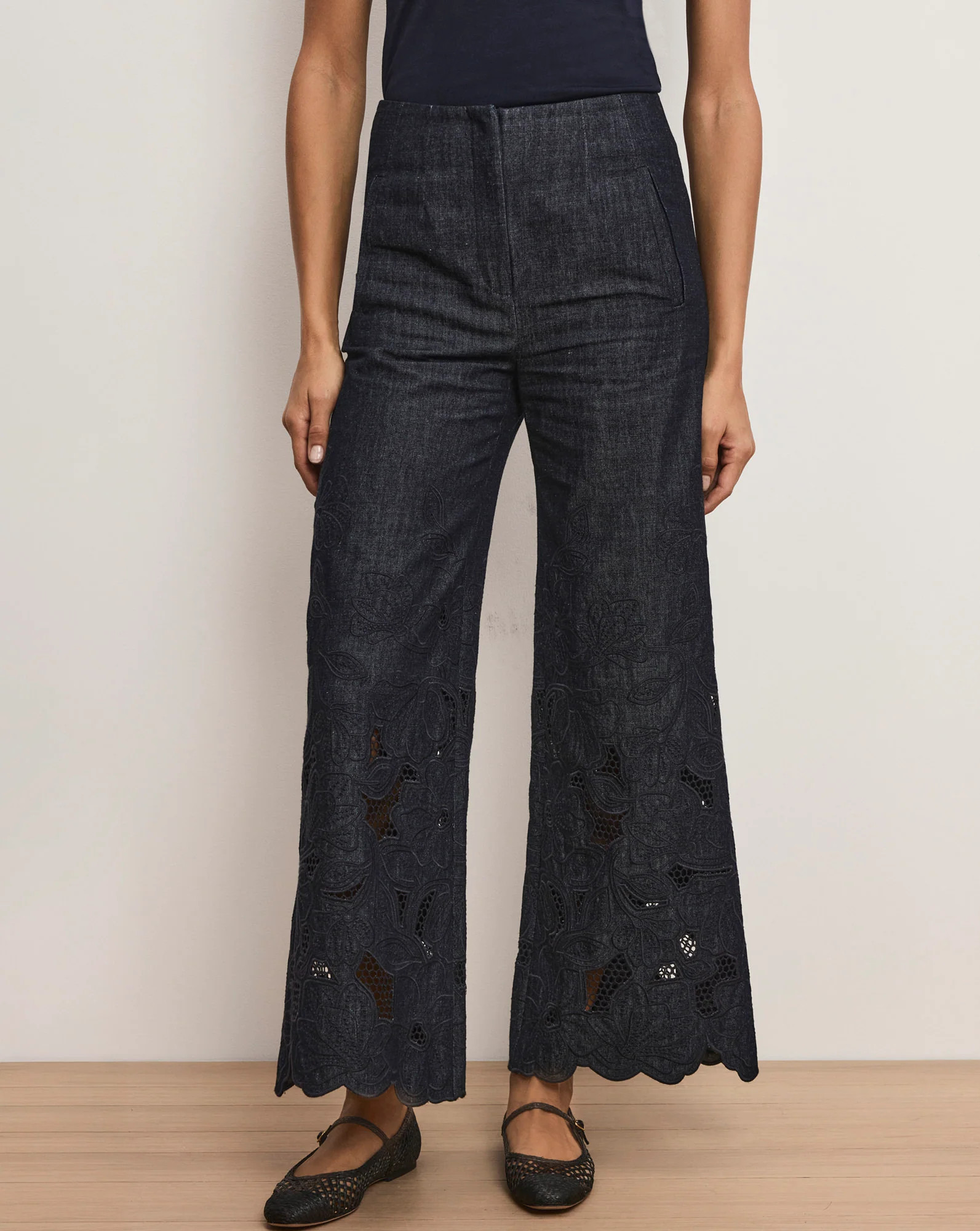 Osborne Wide-Leg Eyelet Pant in Indigo Rinse Dark Wash | Veronica Beard | Veronica Beard