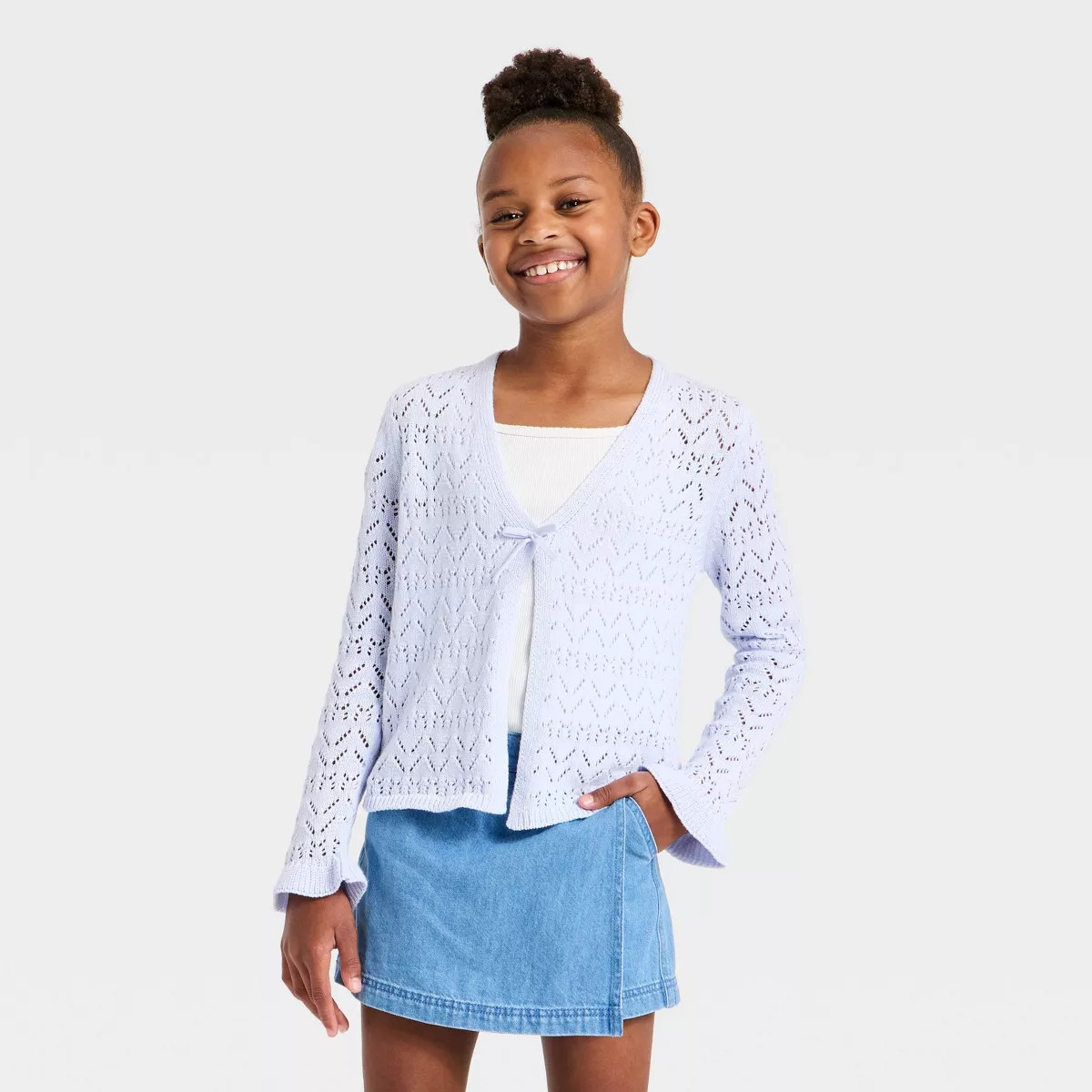 Girls' Pointelle Open Cardigan Sweater - Cat & Jack™ Pale Lavender S | Target