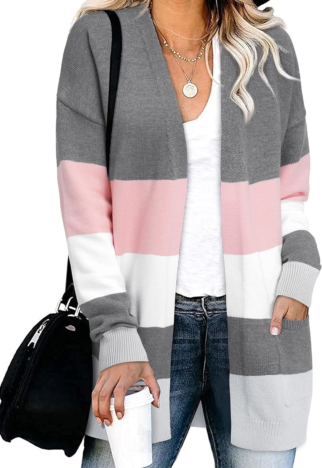 OUGES Women’s Long Sleeve Open Front Color Block Cardigan Sweater with Pocket | Amazon (US)