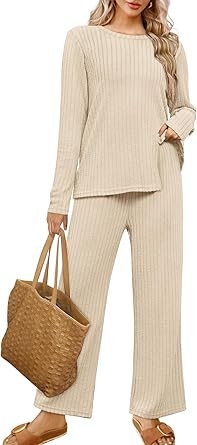 WIHOLL Womens Two Piece Outfits Lounge Sets Cozy Sweater Loungewear with Pockets | Amazon (US)