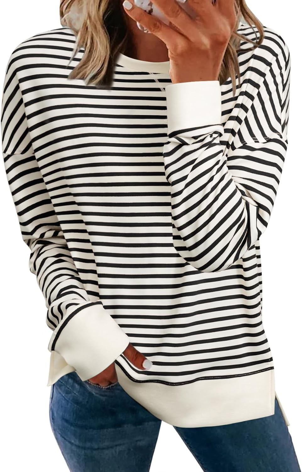 Simplee Womens Oversized Striped Sweatshirt Casual Long Sleeve Crewneck Loose Trendy Pullover Tops Fashion Clothes 2026 | Amazon (US)