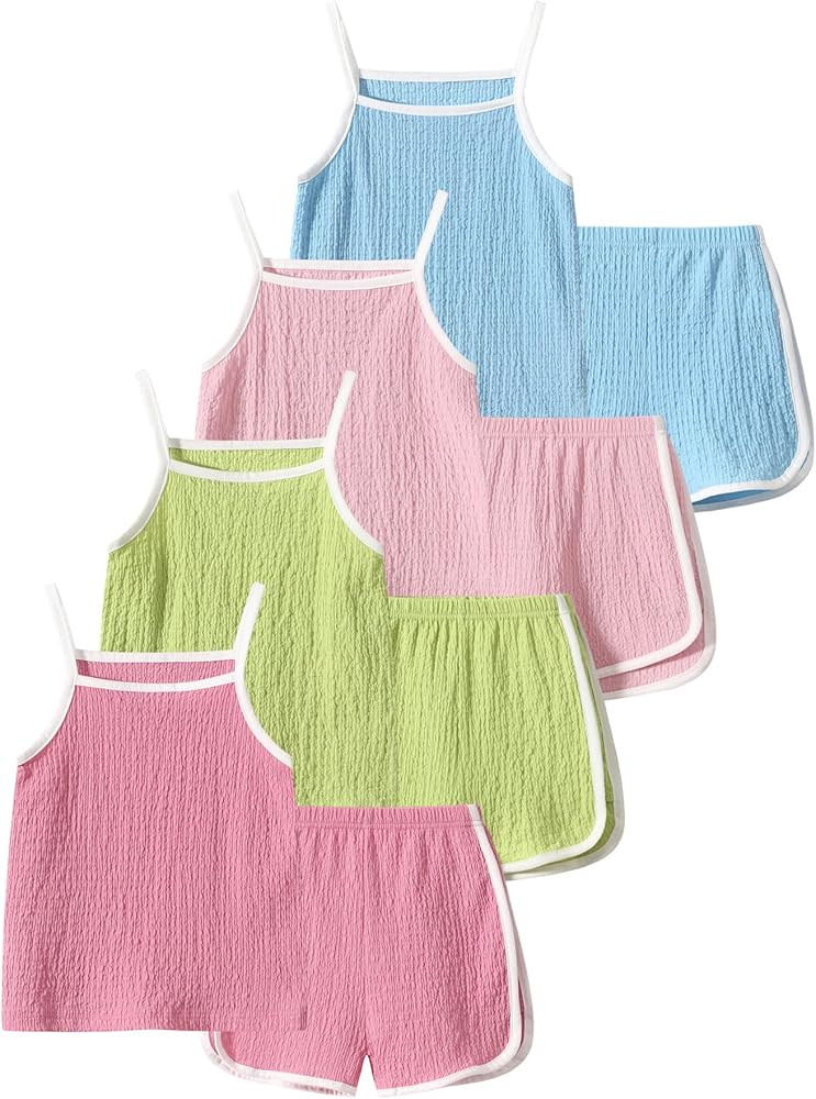 Girls 8 Pieces Summer Outfits Casual Cami Tank Top and Dolphin Shorts Clothing Sets 4-8Y | Amazon (US)