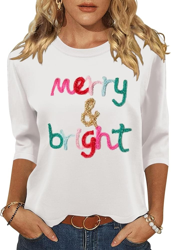 Women's 3/4 Sleeve Pullover Sweaters Crew Neck Cute Halloween Christmas Hearts Knitted Casual Swe... | Amazon (US)