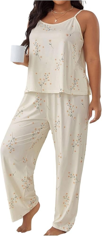 OYOANGLE Women's Plus Size Floral Print Pajama Set Sleeveless Cami Top and Pants Pjs Sleepwear | Amazon (US)