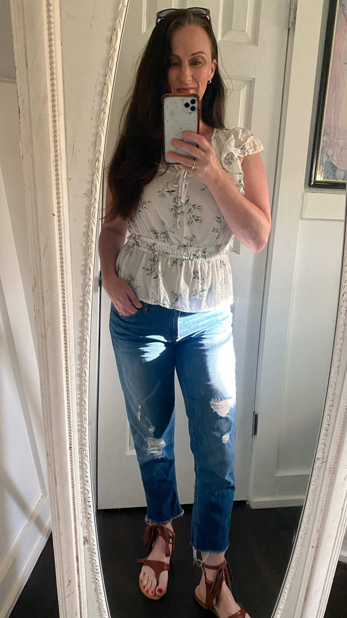 Summer outfit - low rise ripped skinny jeans (Hudson Jeans), white top, & leather sandals (Sarah Flint). 🎀

#LTKOver40 #LTKSeasonal #LTKWorkwear