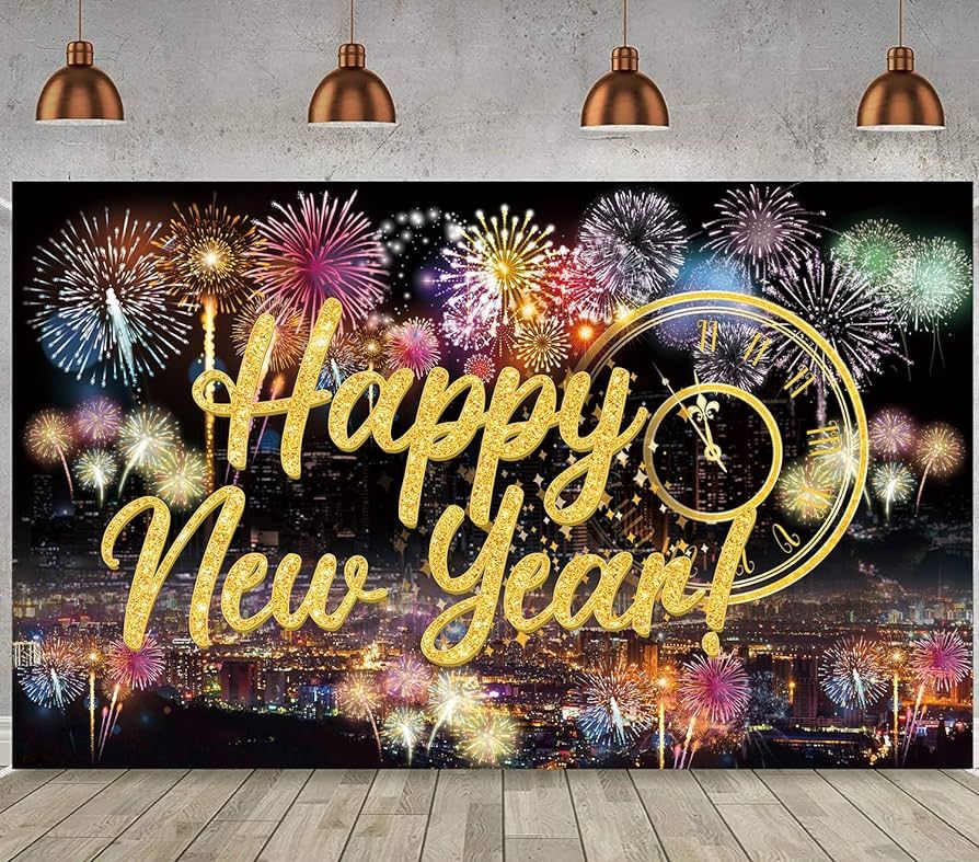 Famoby Happy New Year Fabric Sign Poster Backdrop with Fireworks for New Year Photo Booth Backgro... | Amazon (US)