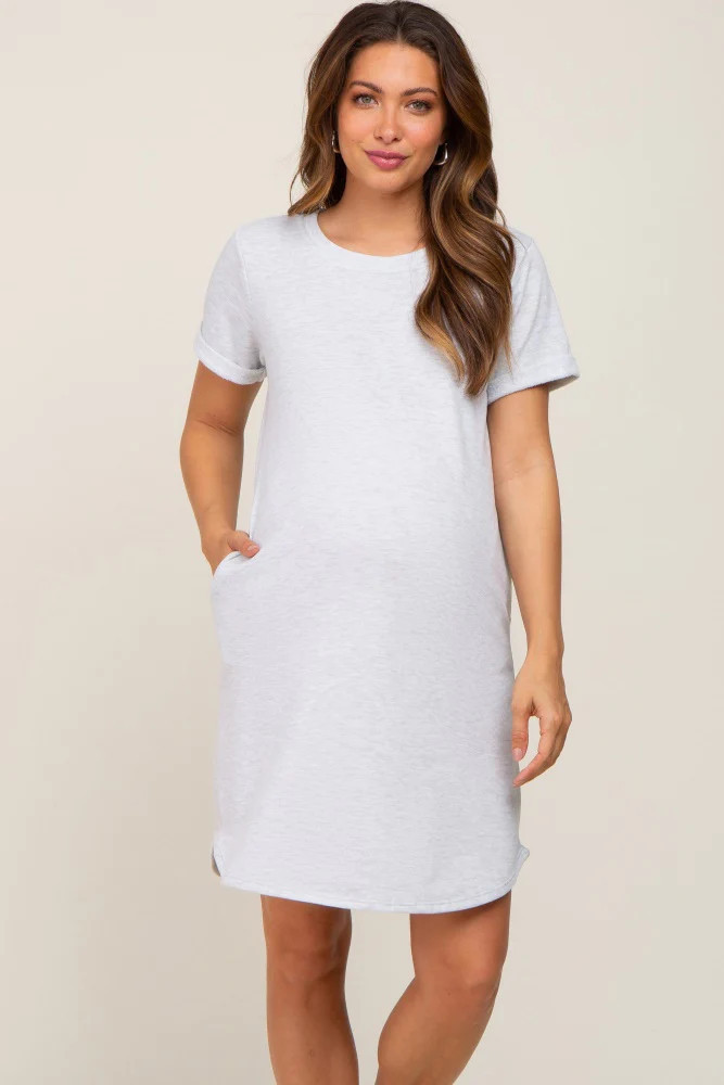 Heather Grey French Terry Cuffed Short Sleeve Maternity Dress | PinkBlush Maternity