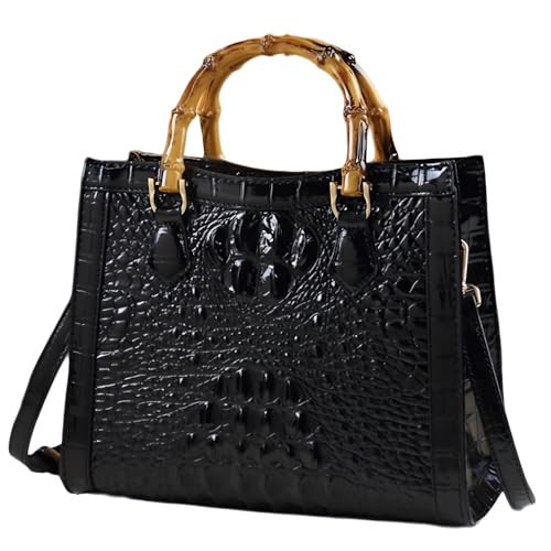 Crocodile Pattern Leather Purses for Women Bag Bamboo Top-Handle Satchel Handbag Zipper Tote Shoulder Messenger Bags (Black) | Amazon (US)
