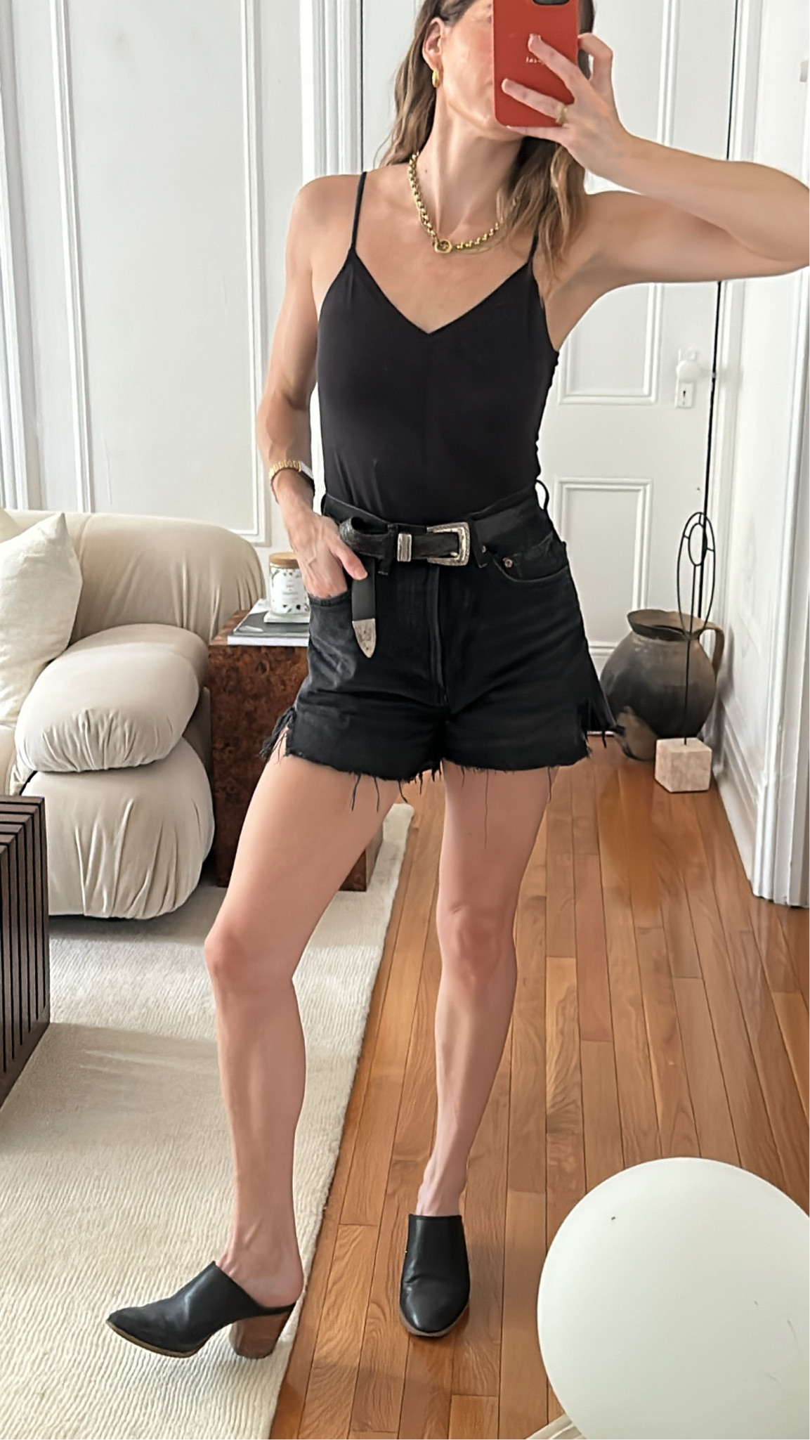 When it’s hot AF, the fit is basic AF. Vintage belt, but found one almost identical, and the shorts are on sale! 

Denim shorts western belt gold jewelry gold necklace black mules

#LTKSaleAlert #LTKSummerSales #LTKSeasonal