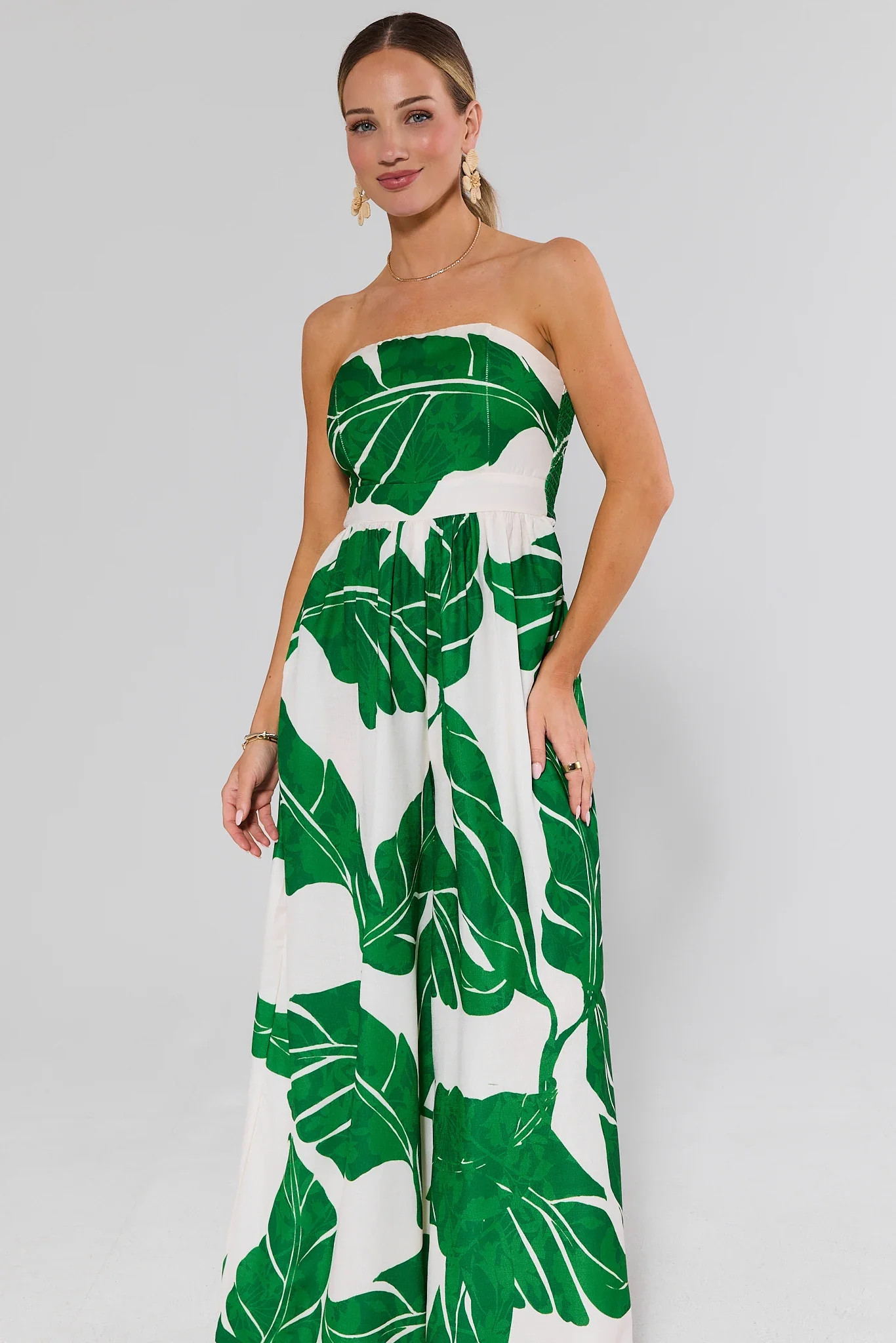 Green Palm Printed Strapless Jumpsuit | Avara