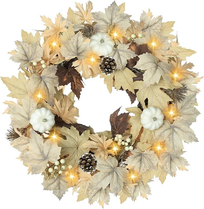 Fall Wreath with Lights, 22" Fall Wreaths for Front Door with Pumpkins Fall Leaves Berries Pine C... | Amazon (US)