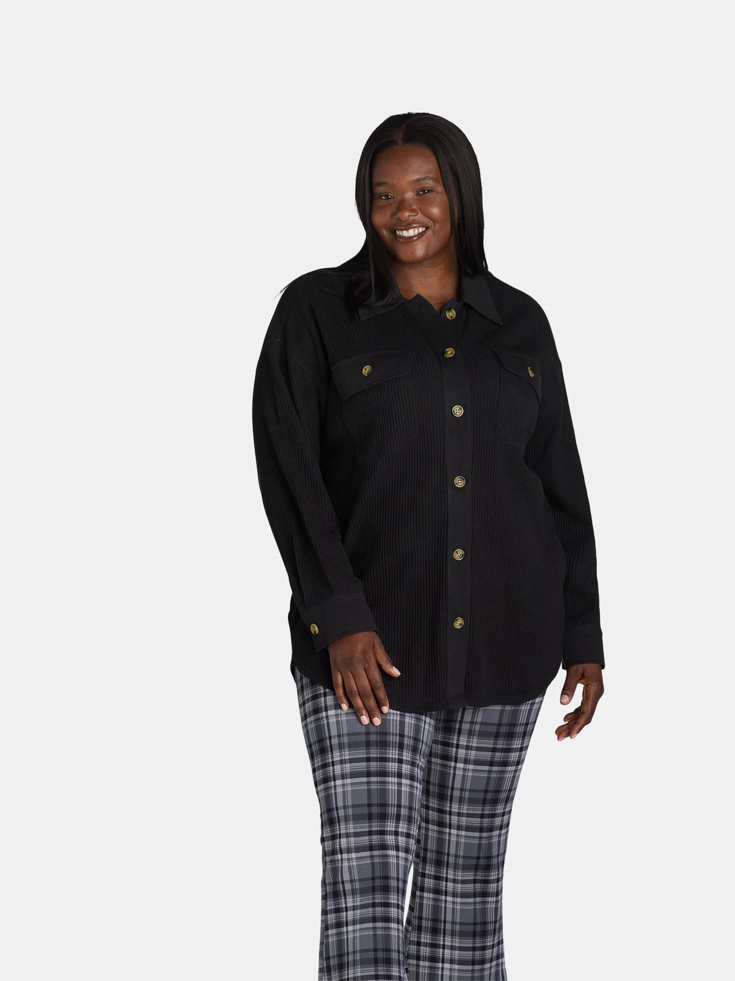 Terra & Sky Women's Plus Size Button Down Waffle Knit Shacket, 0X-4X | Walmart (US)