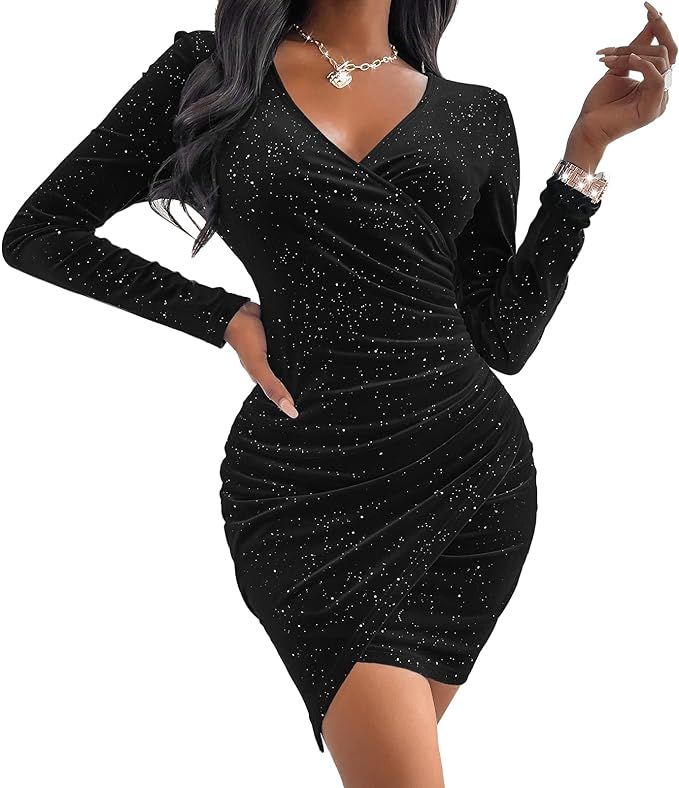 vunahzma Women's Mini Wrap Dress V Neck Long Sleeve Velvet Bodycon Glitter Ruched Cocktail Party ... | Amazon (US)